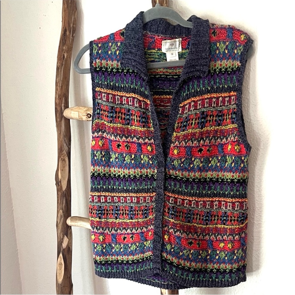 Susan Bristol Vintage Multicolor Fair Isle Hand Knit Button Up Vest Top Medium
